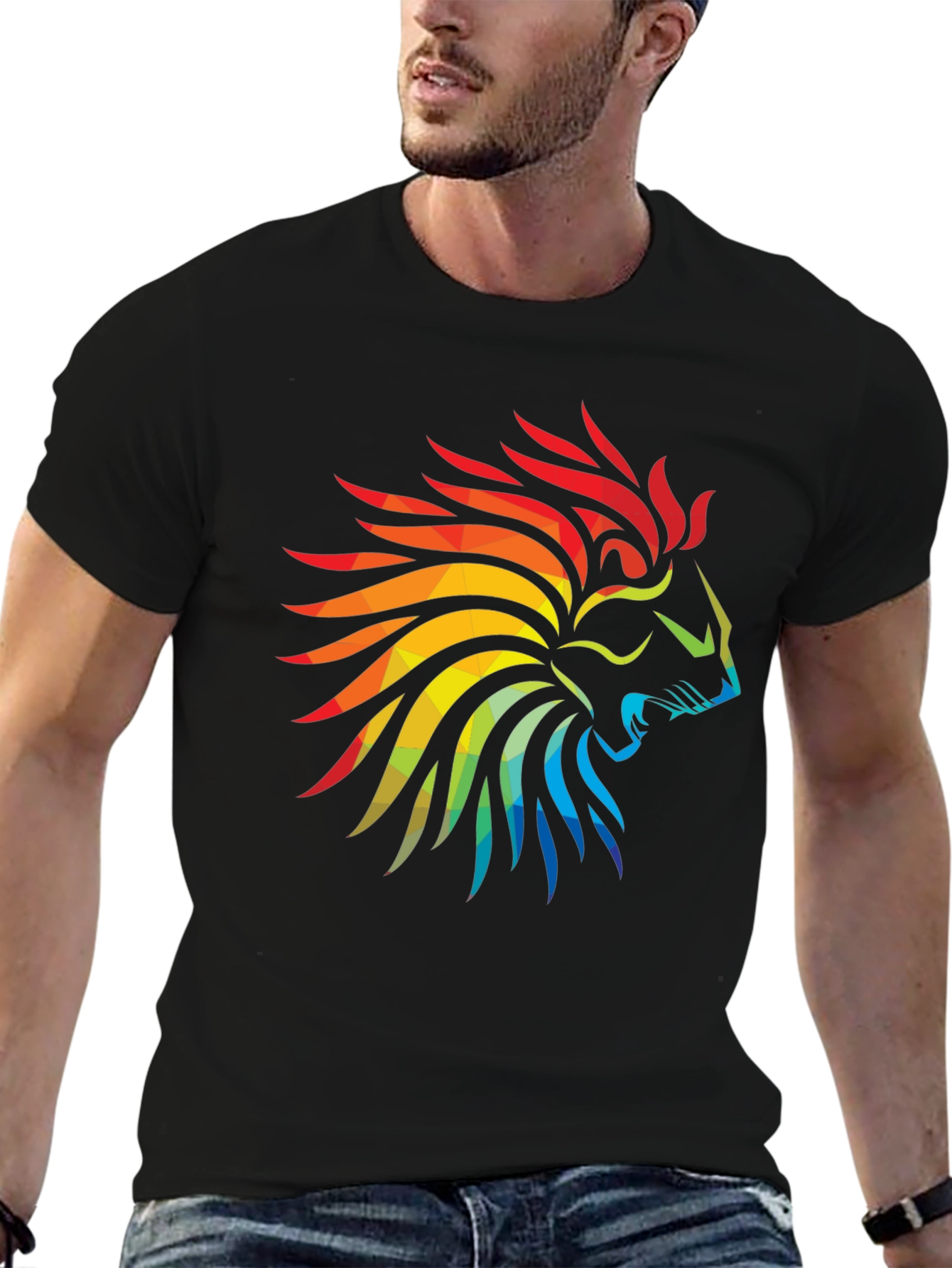 Geometric Lion Head Graphic Black T-Shirt
