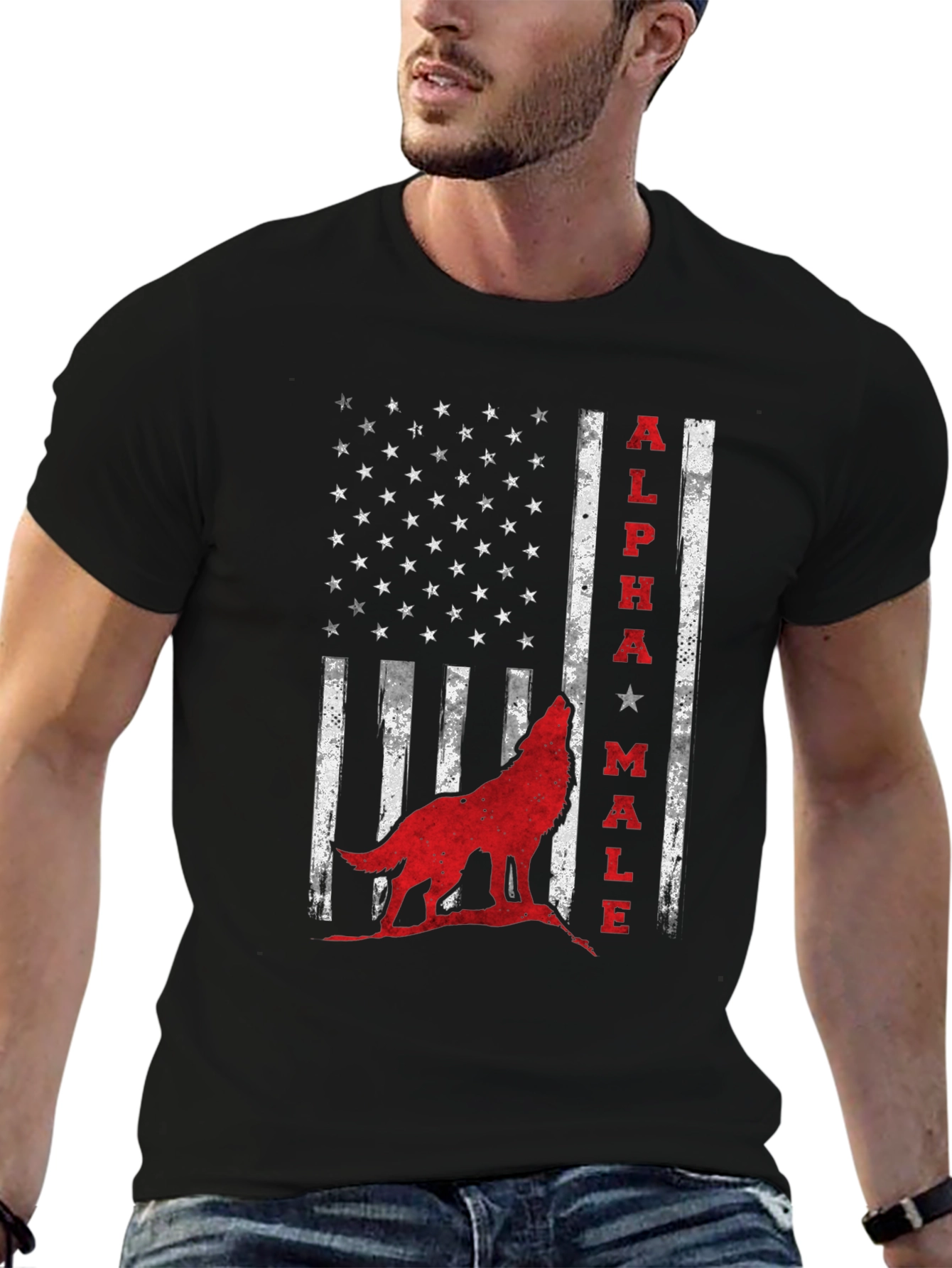 Alpha Male Wolf USA Flag Graphic Tee - Black