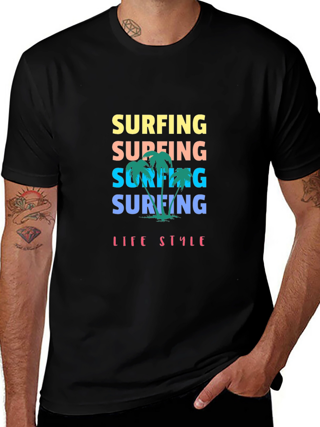 Surfing Lifestyle Graphic Tee - Black Cotton T-Shirt