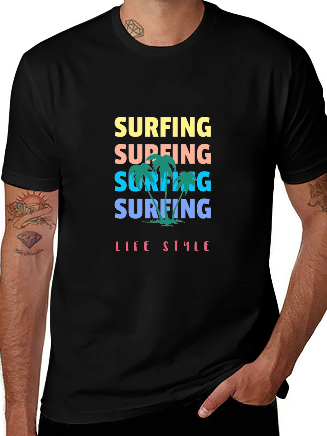 Surfing Lifestyle Graphic Tee - Black Cotton T-Shirt