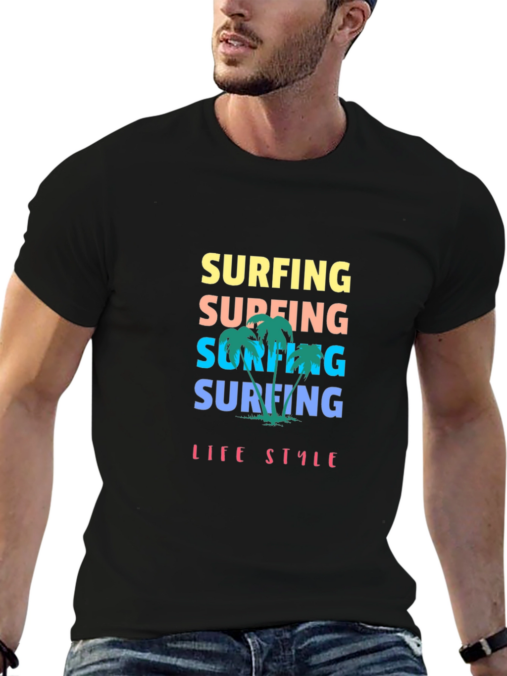 Surfing Lifestyle Graphic Tee - Black Cotton T-Shirt