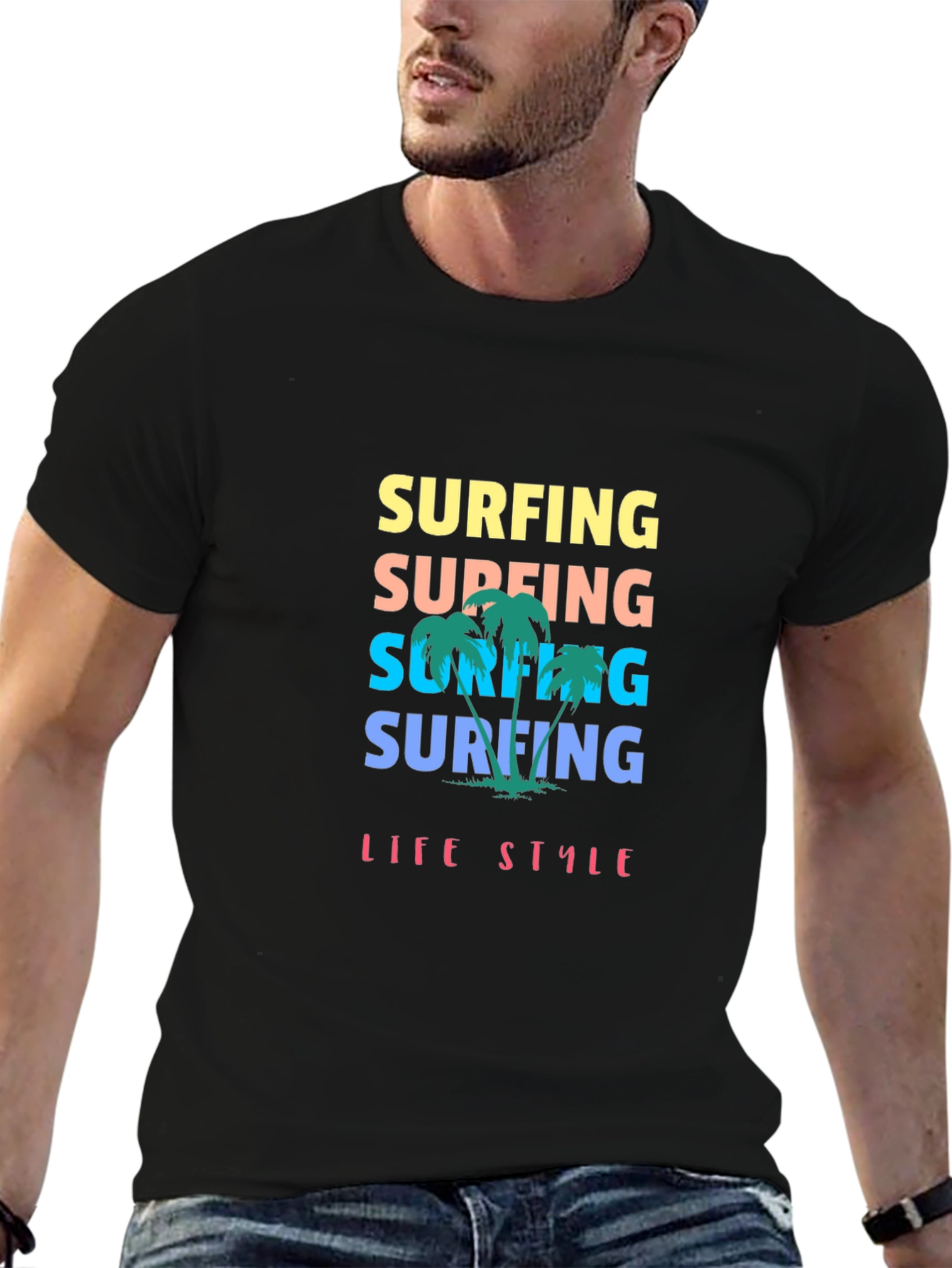 Surfing Lifestyle Graphic Tee - Black Cotton T-Shirt