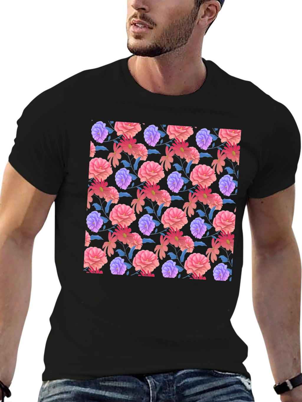 Floral Print Black T-Shirt - Stylish Casual Wear