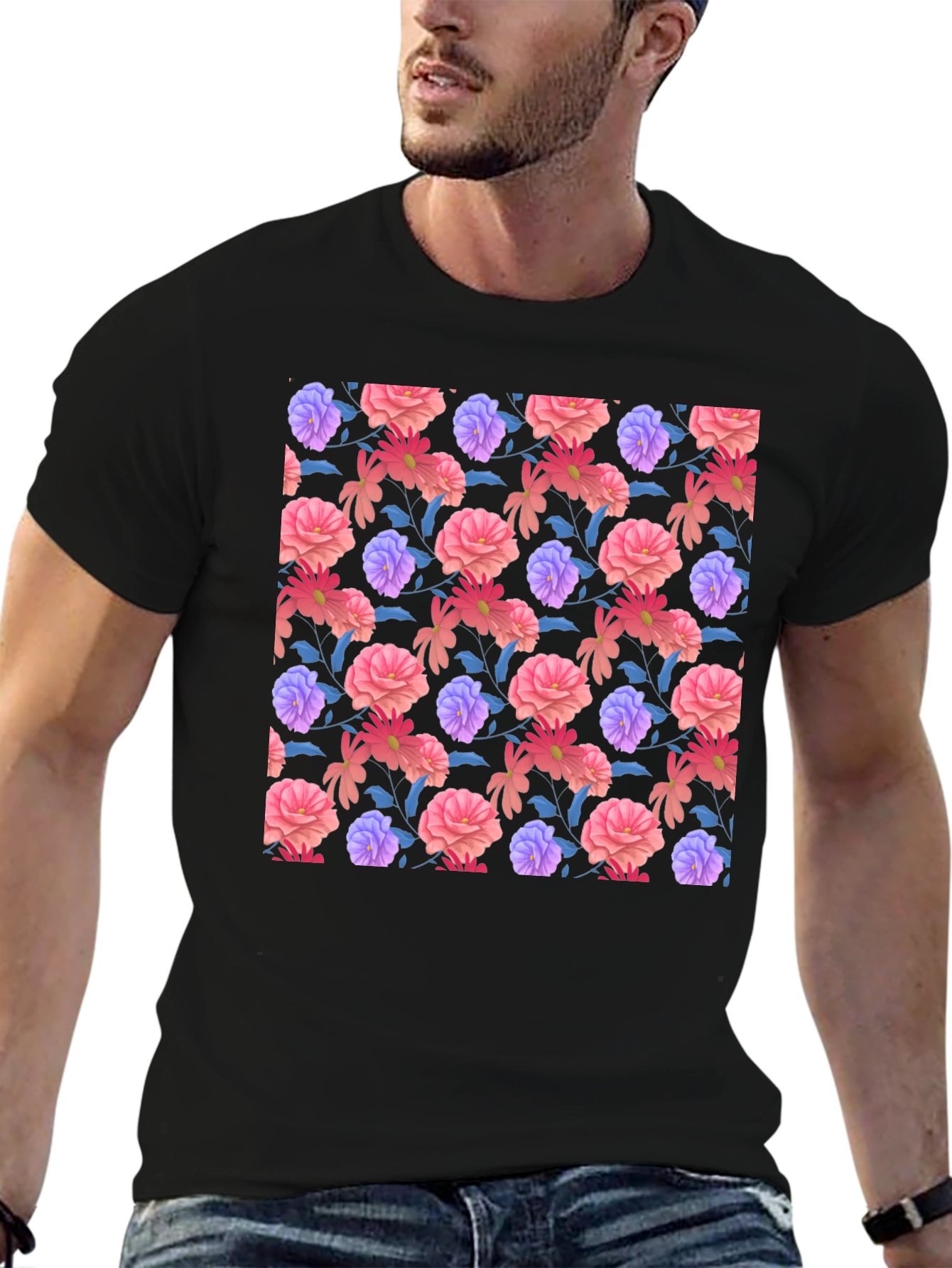 Floral Print Black T-Shirt - Stylish Casual Wear