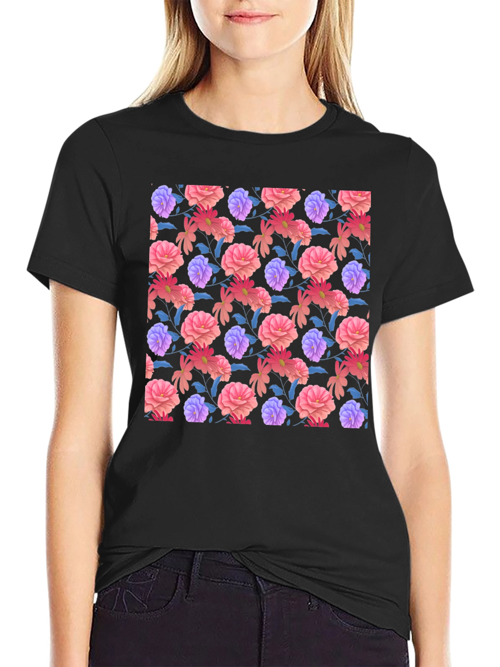 Floral Print Black T-Shirt - Stylish Casual Wear