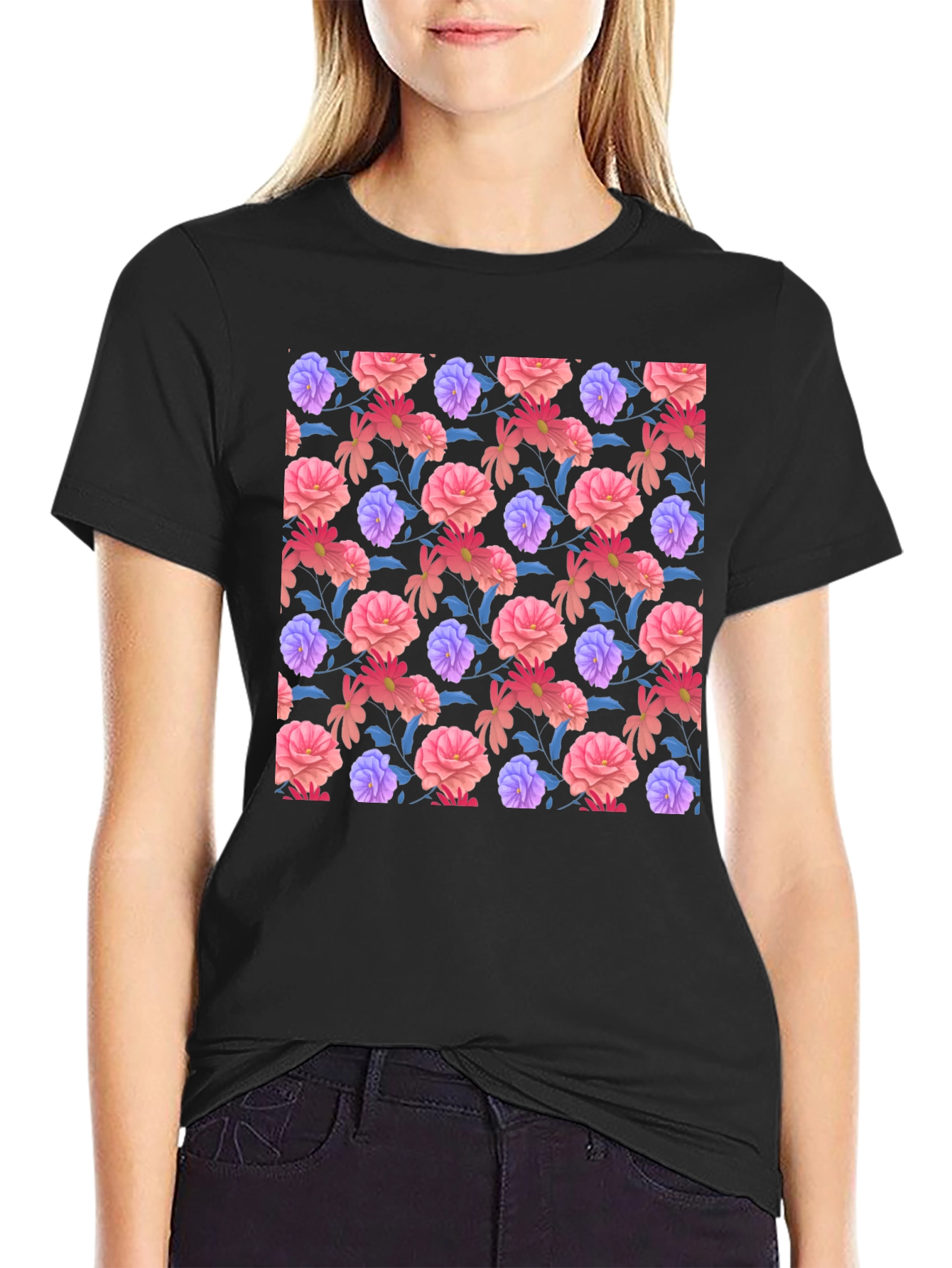 Floral Print Black T-Shirt - Stylish Casual Wear