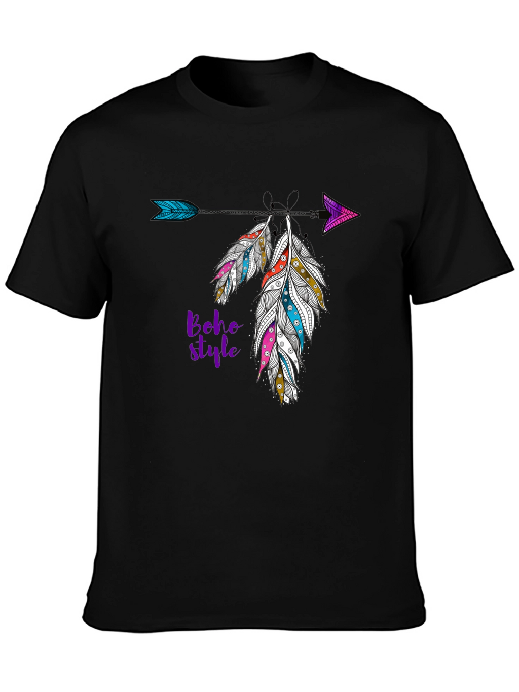 Boho Style Feather Arrow Black T-Shirt