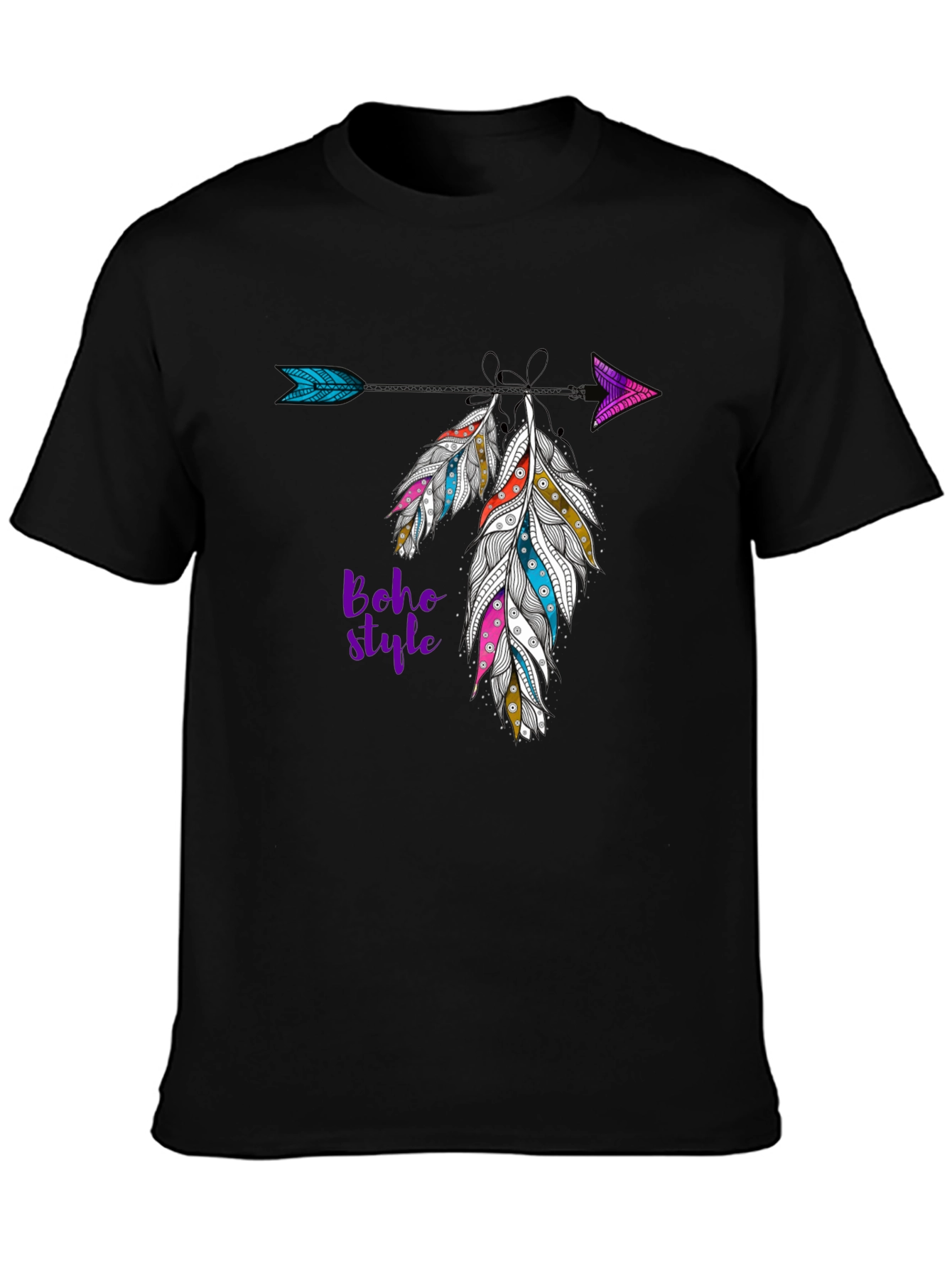 Boho Style Feather Arrow Black T-Shirt