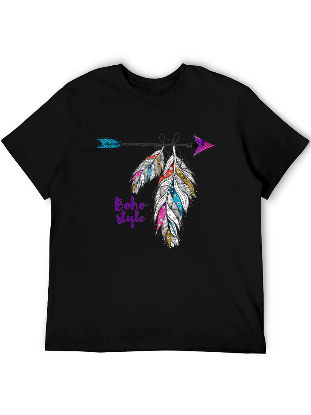 Boho Style Feather Arrow Black T-Shirt