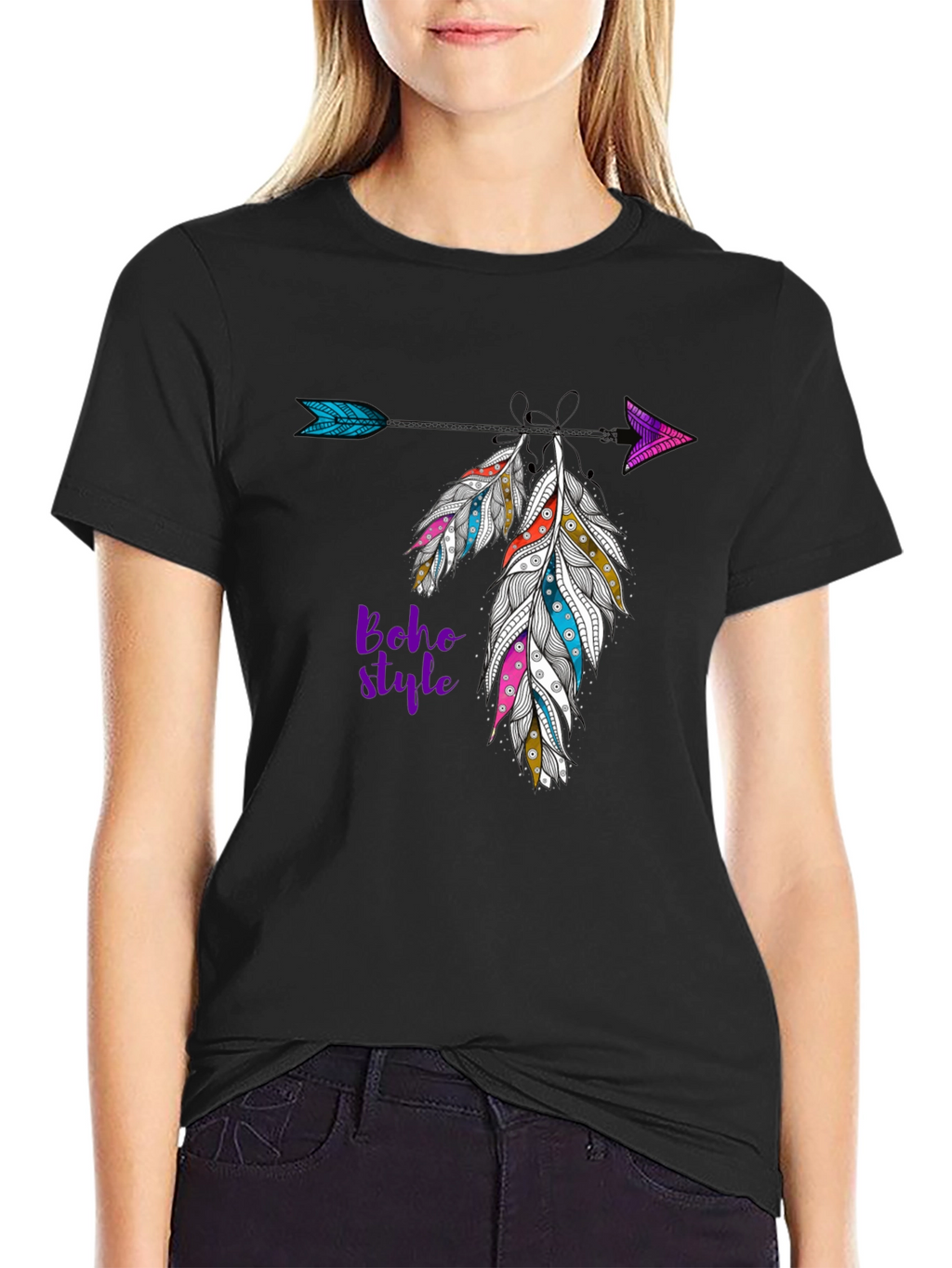 Boho Style Feather Arrow Black T-Shirt