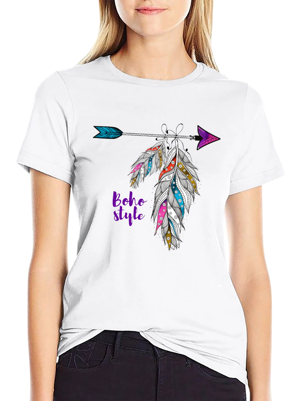 Boho Style Feather Arrow Black T-Shirt