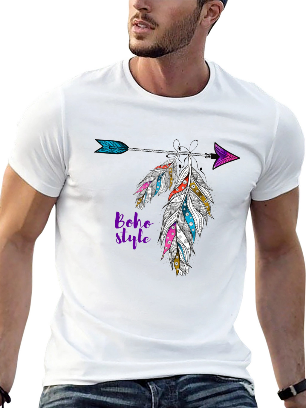 Boho Style Feather Arrow Black T-Shirt