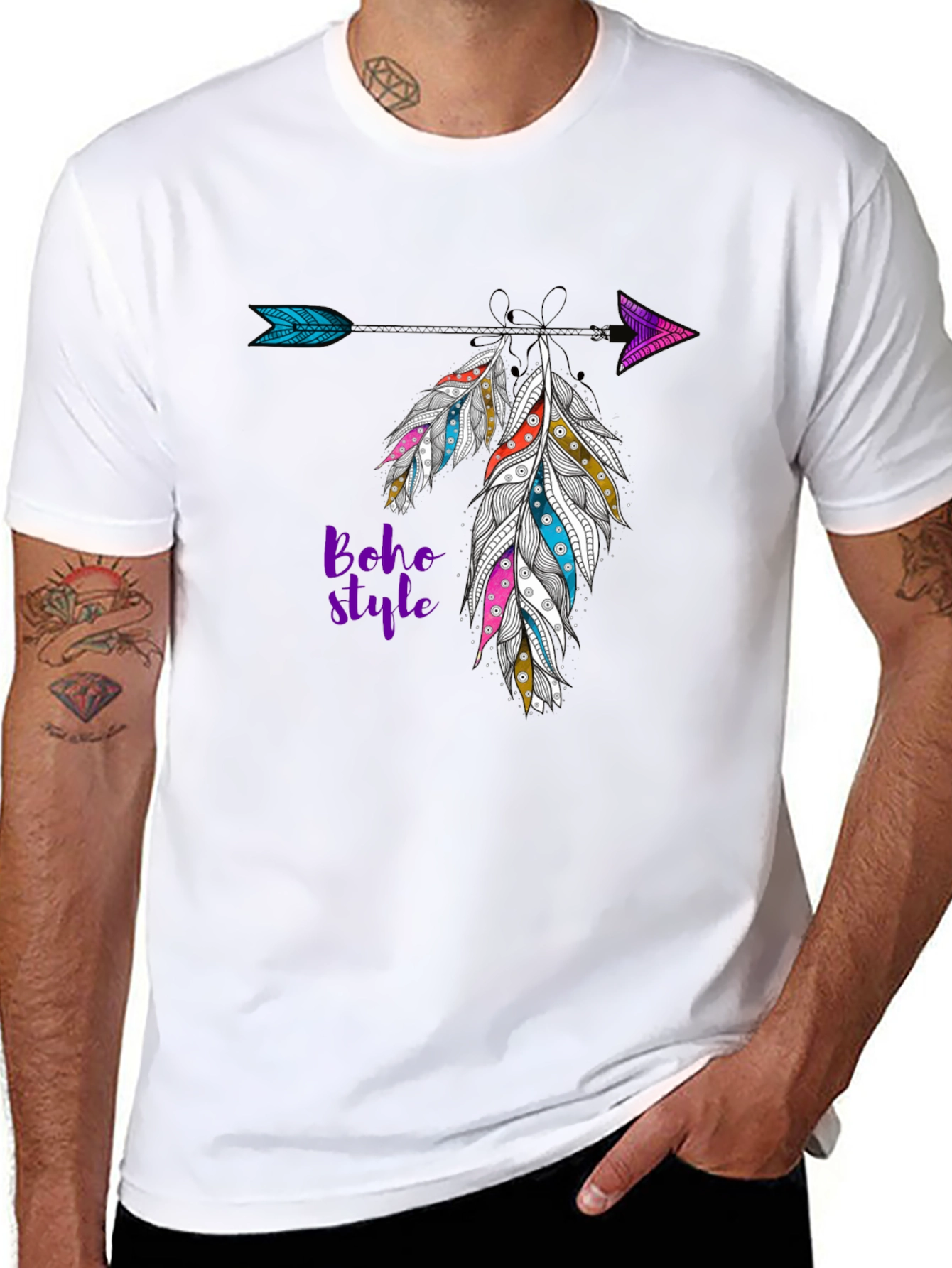 Boho Style Feather Arrow Black T-Shirt