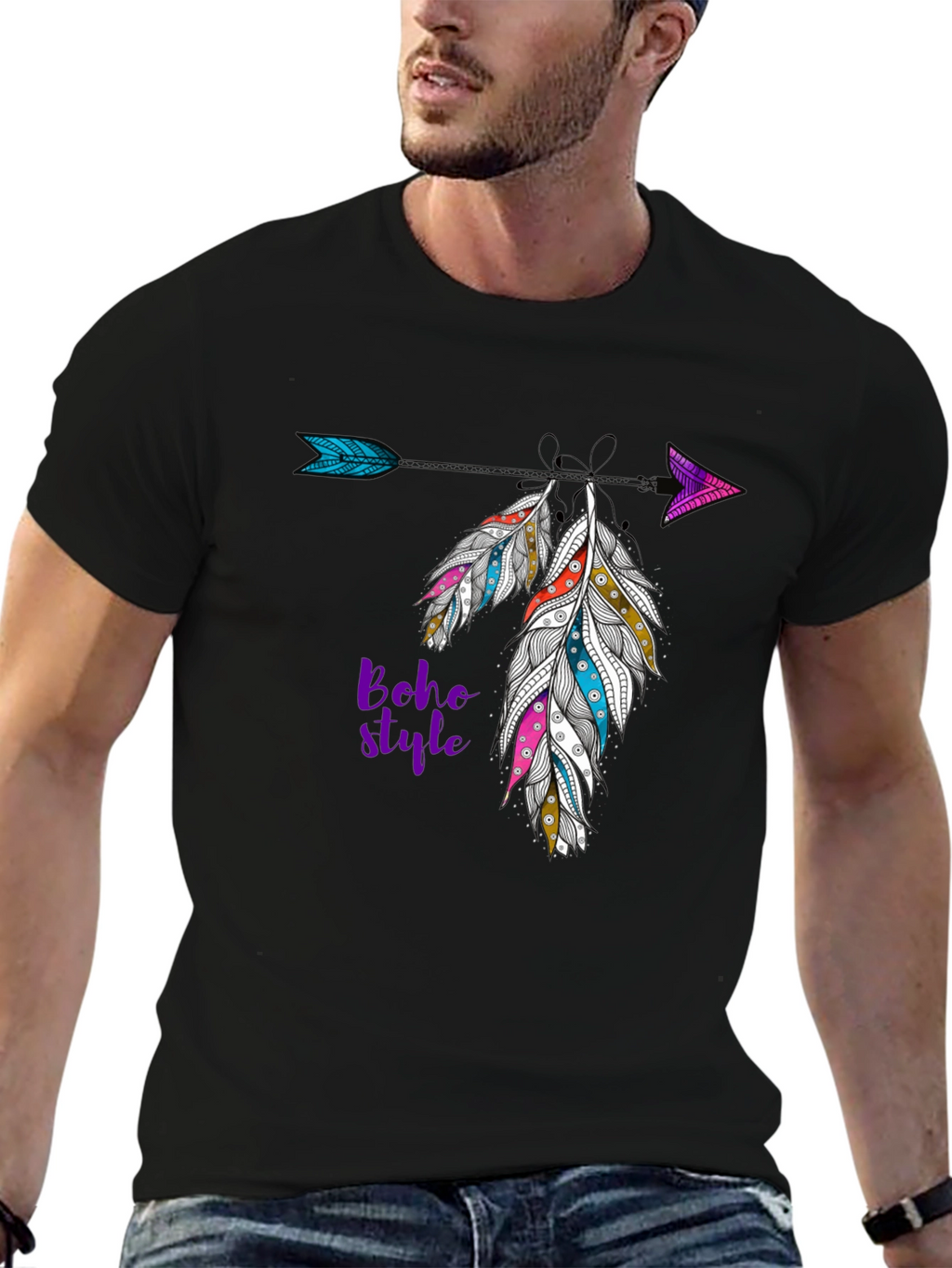 Boho Style Feather Arrow Black T-Shirt