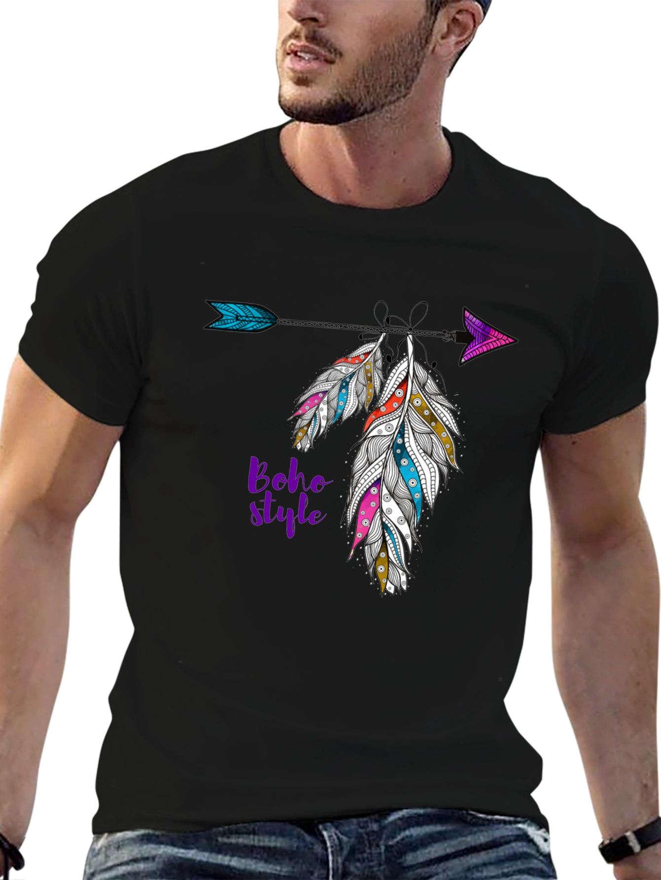 Boho Style Feather Arrow Black T-Shirt