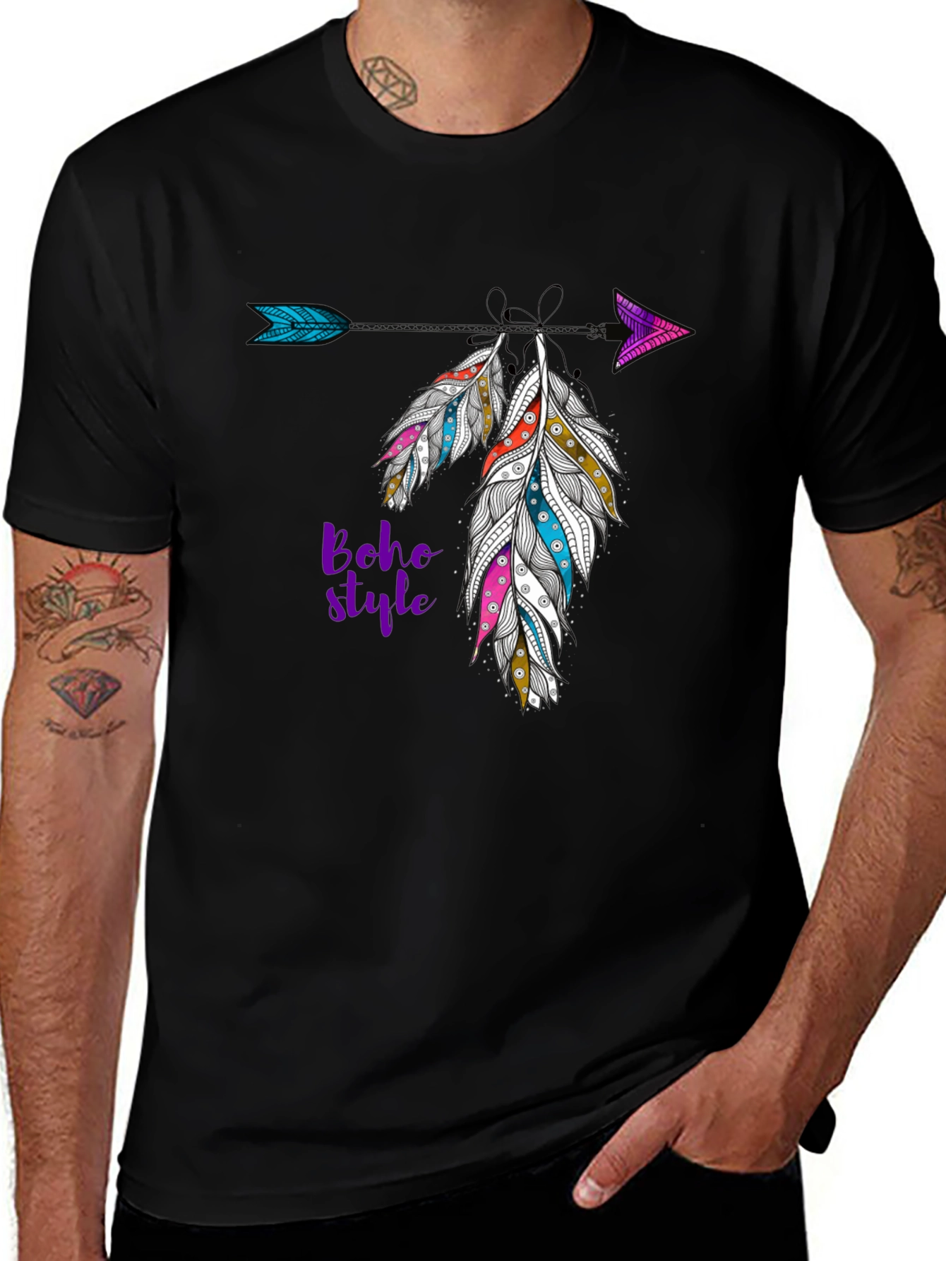 Boho Style Feather Arrow Black T-Shirt
