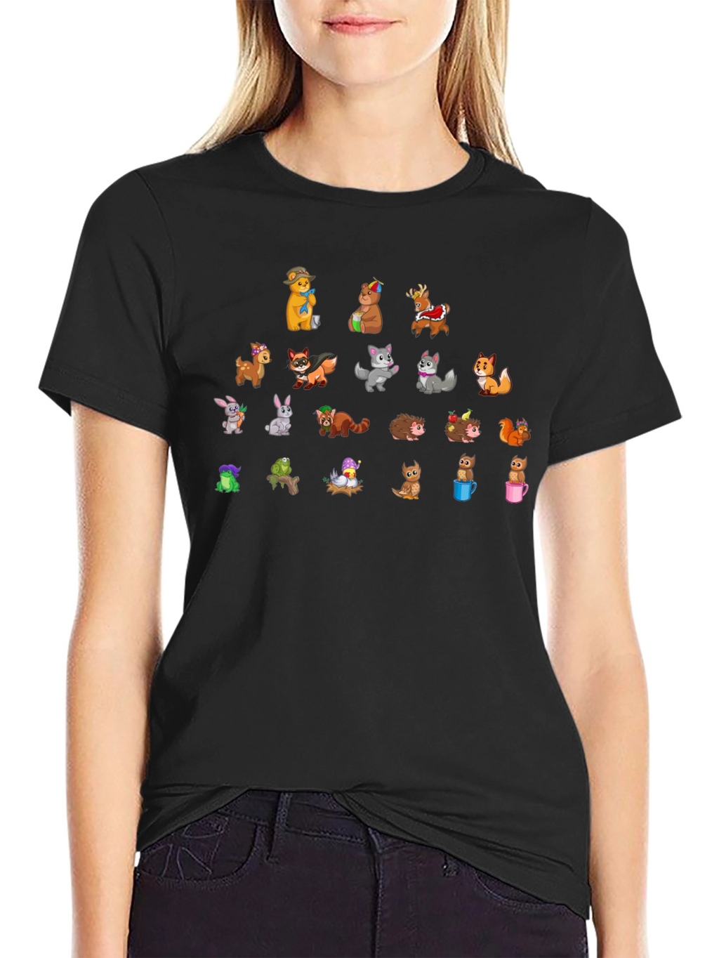 Cartoon Animal Print Black T-Shirt
