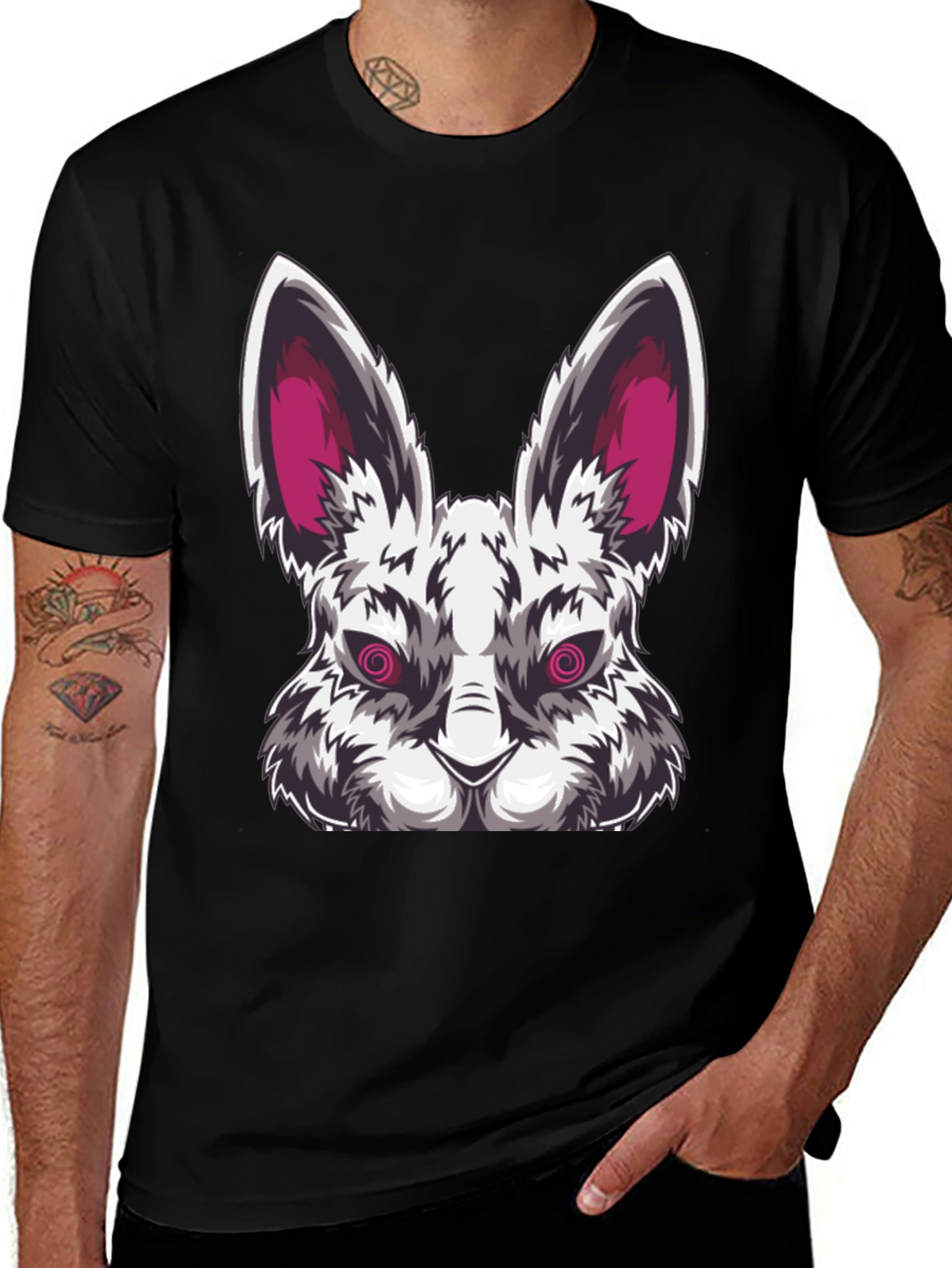 Mens Black T-Shirt with Evil Rabbit Graphic