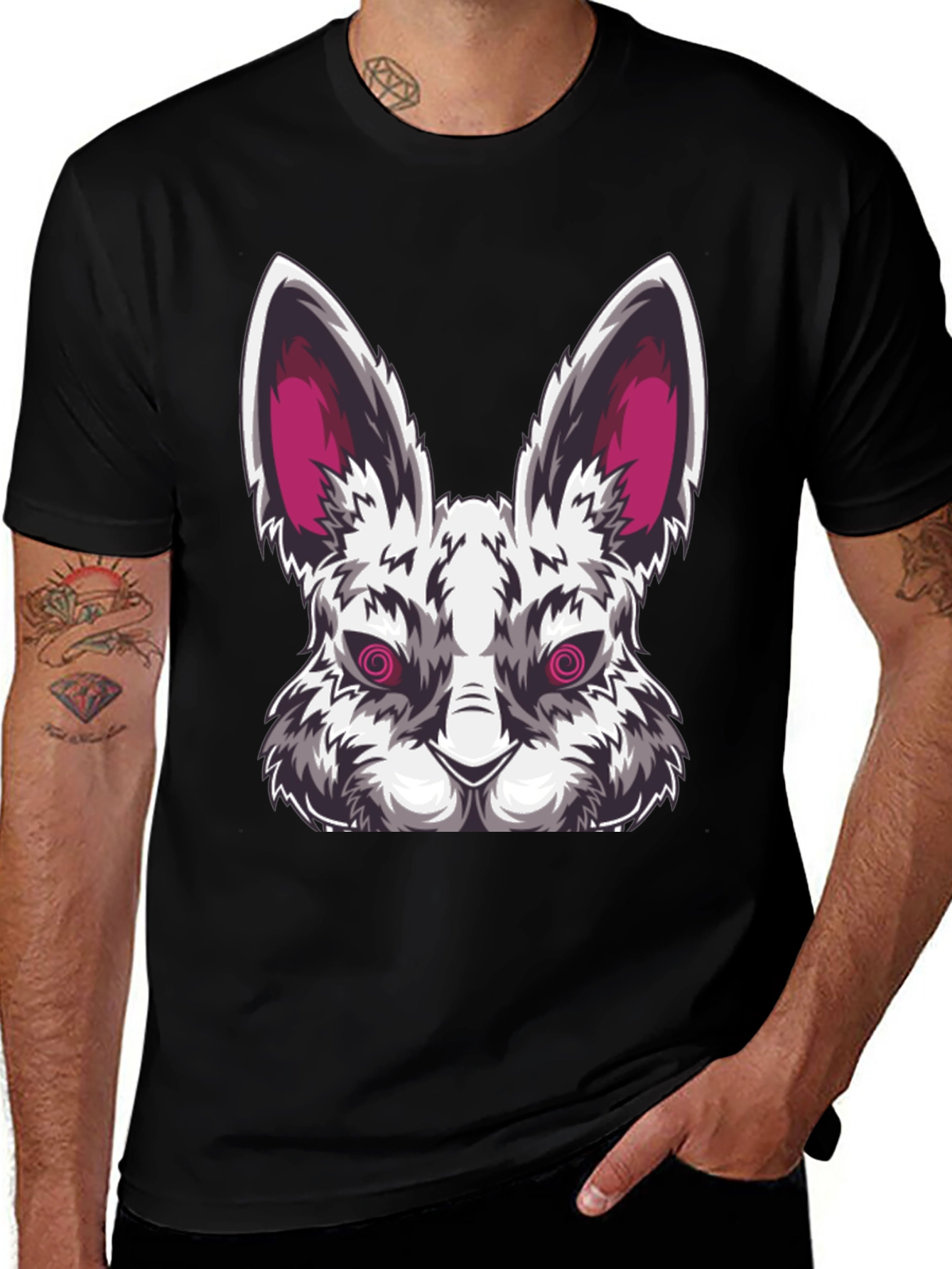 Mens Black T-Shirt with Evil Rabbit Graphic