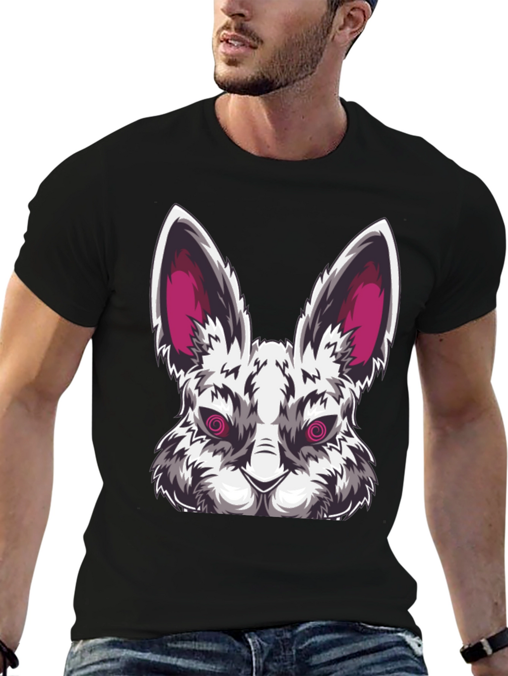 Mens Black T-Shirt with Evil Rabbit Graphic