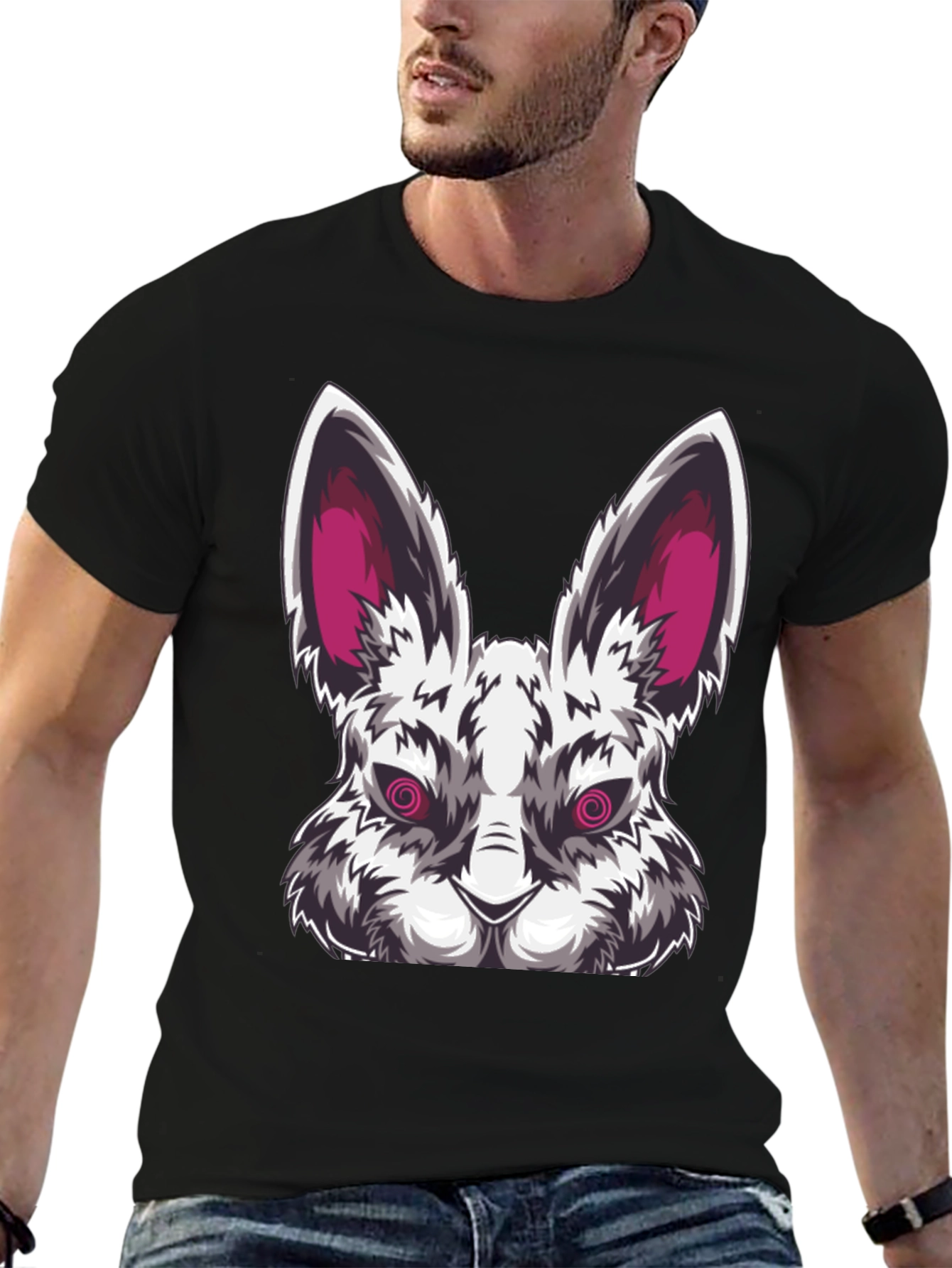 Mens Black T-Shirt with Evil Rabbit Graphic