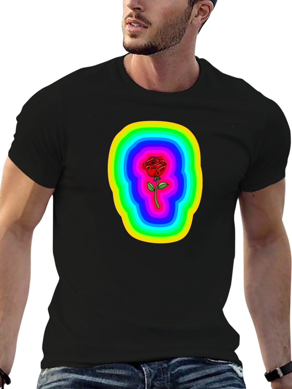 Rainbow Rose Graphic Black T-Shirt