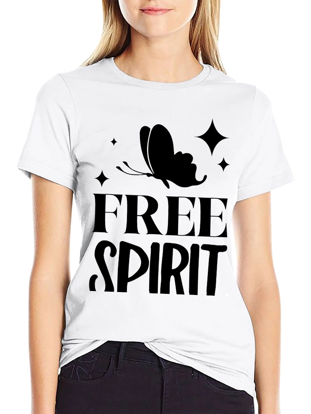 Free Spirit Butterfly Graphic Tee - Black Cotton Casual