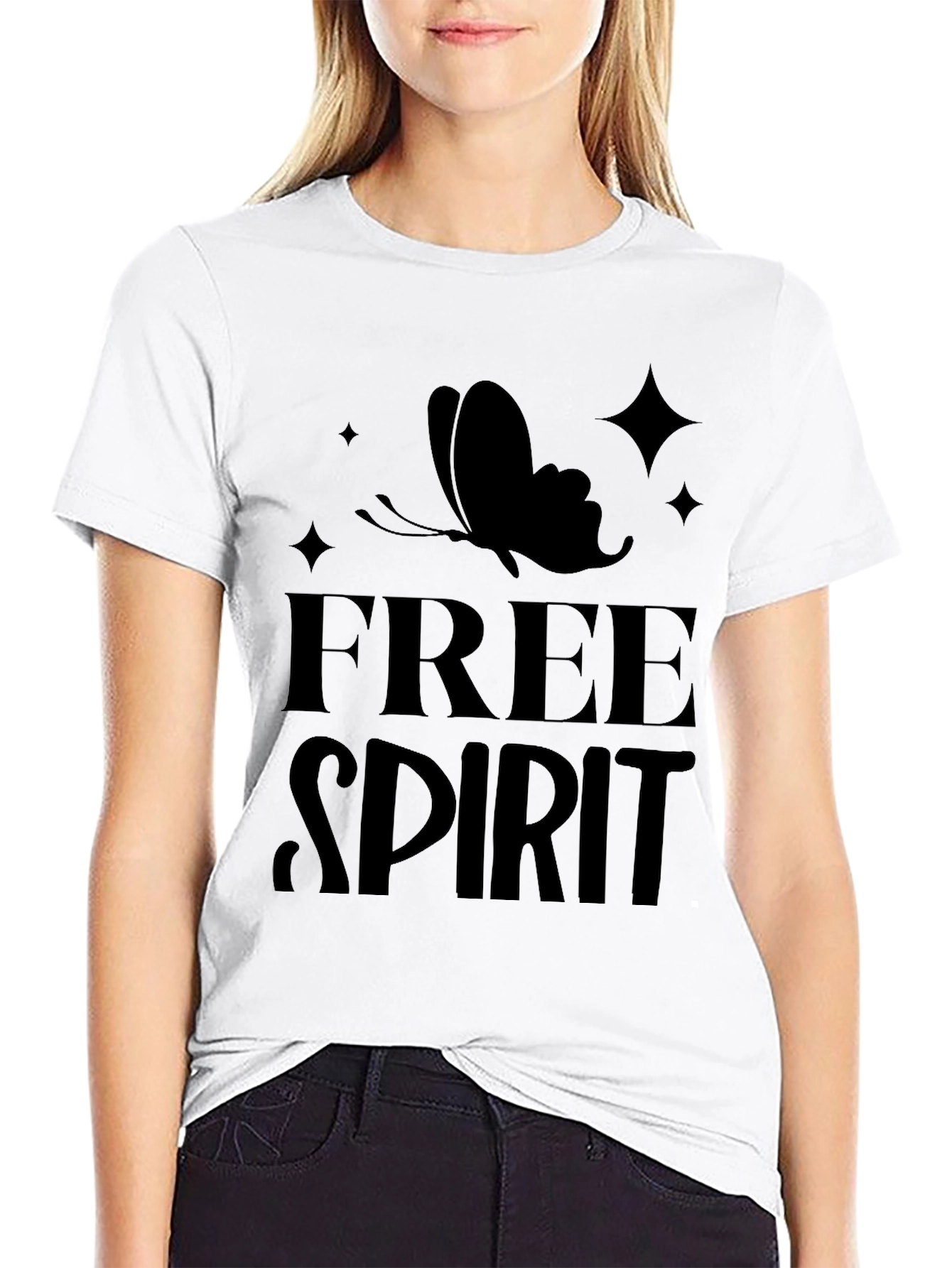 Free Spirit Butterfly Graphic Tee - Black Cotton Casual