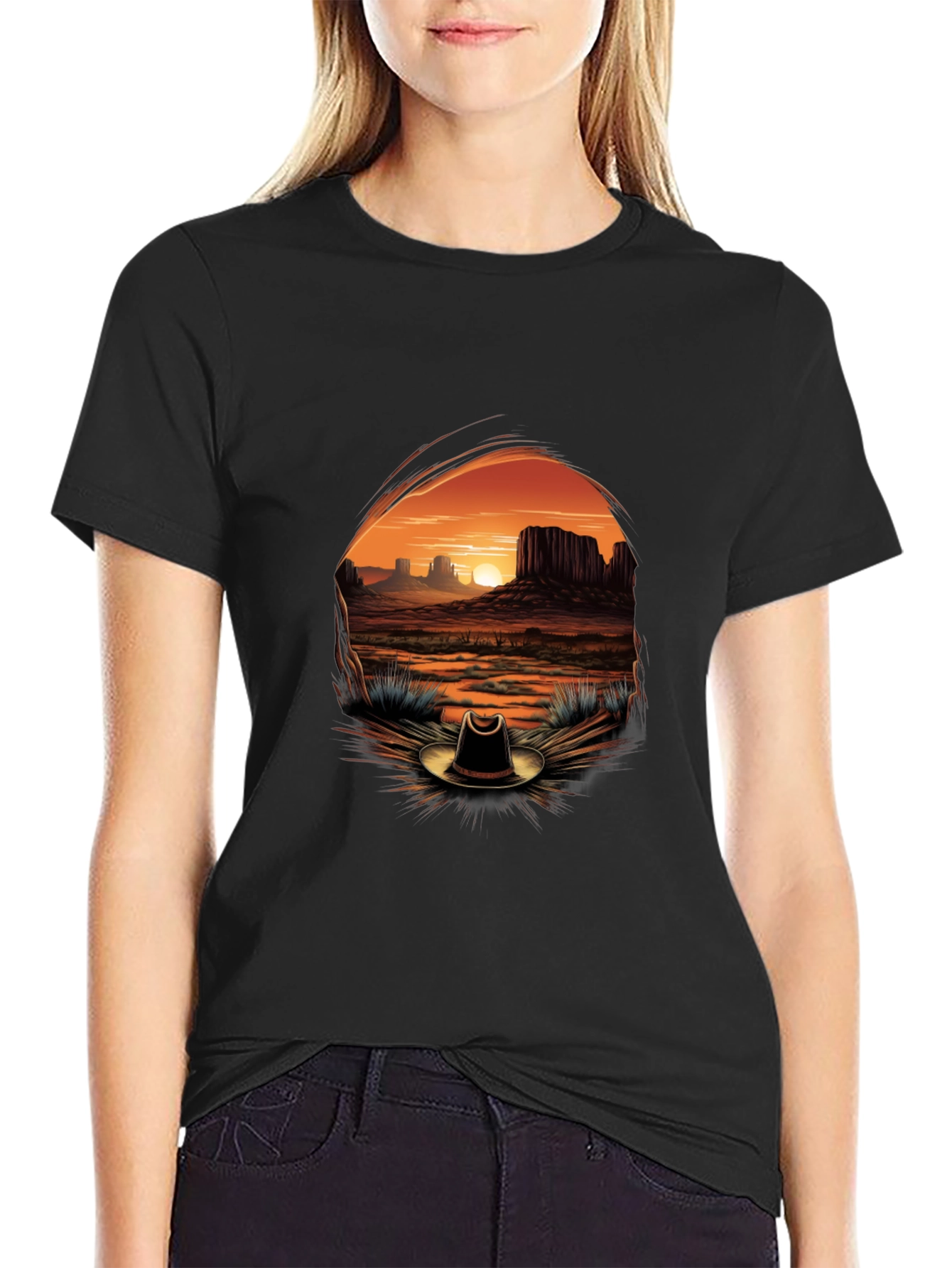 Western Sunset Cowboy Hat Graphic Tee - Black