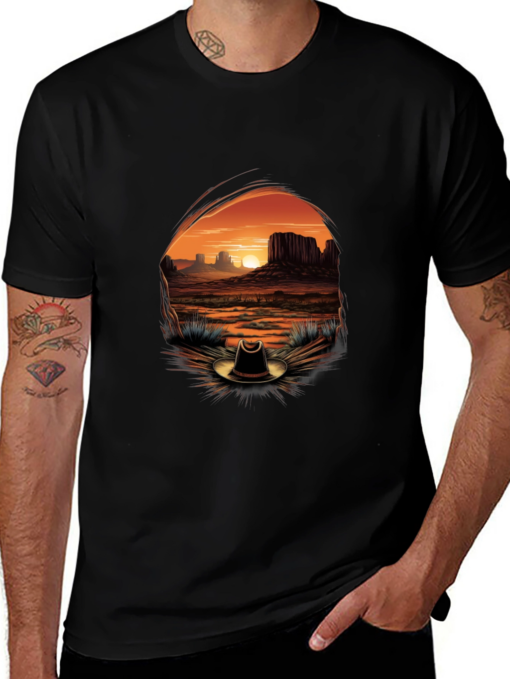 Western Sunset Cowboy Hat Graphic Tee - Black
