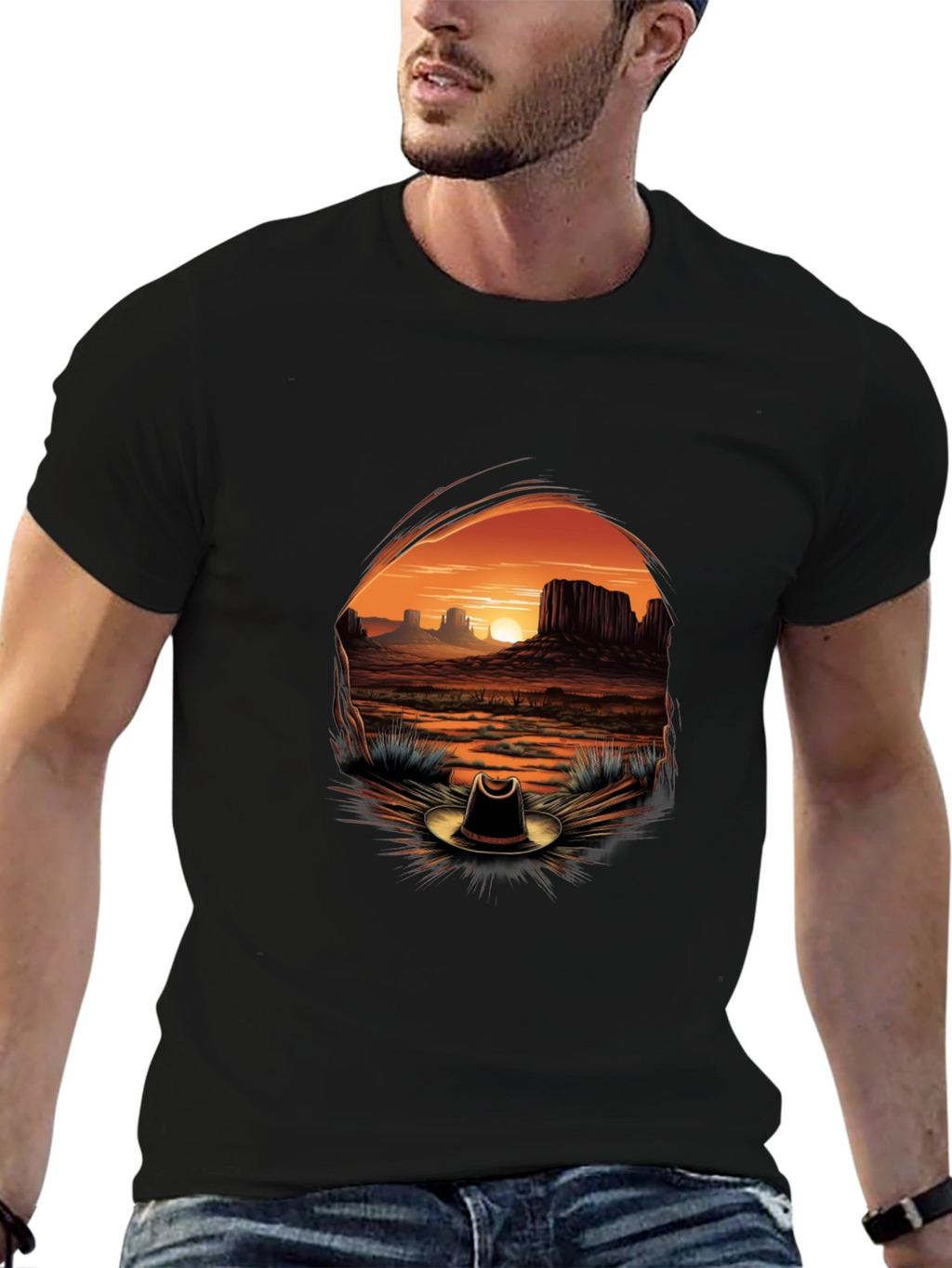 Western Sunset Cowboy Hat Graphic Tee - Black