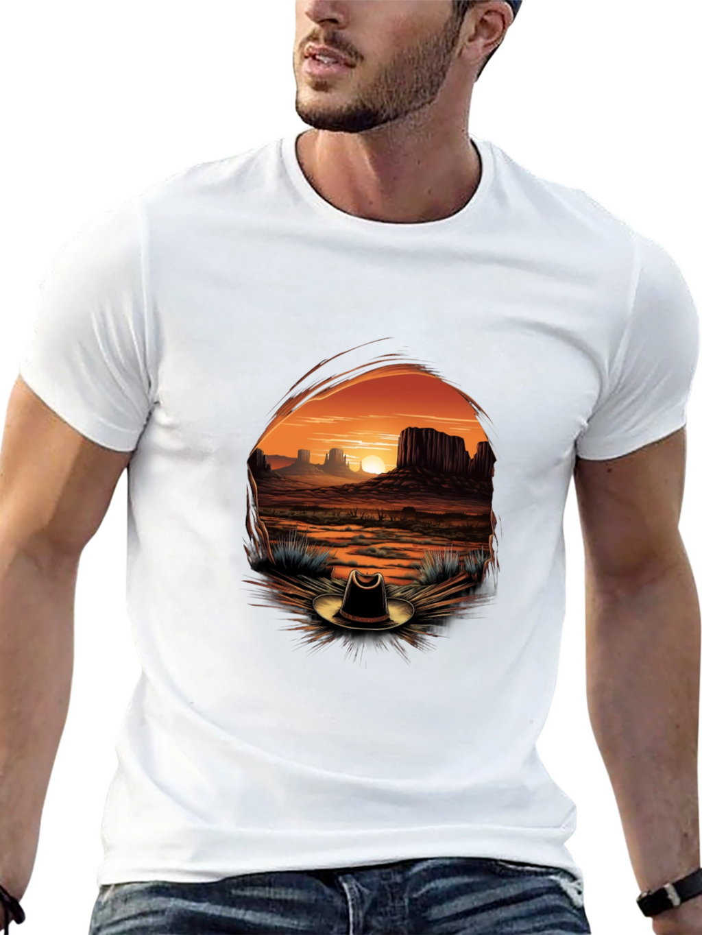 Western Sunset Cowboy Hat Graphic Tee - Black