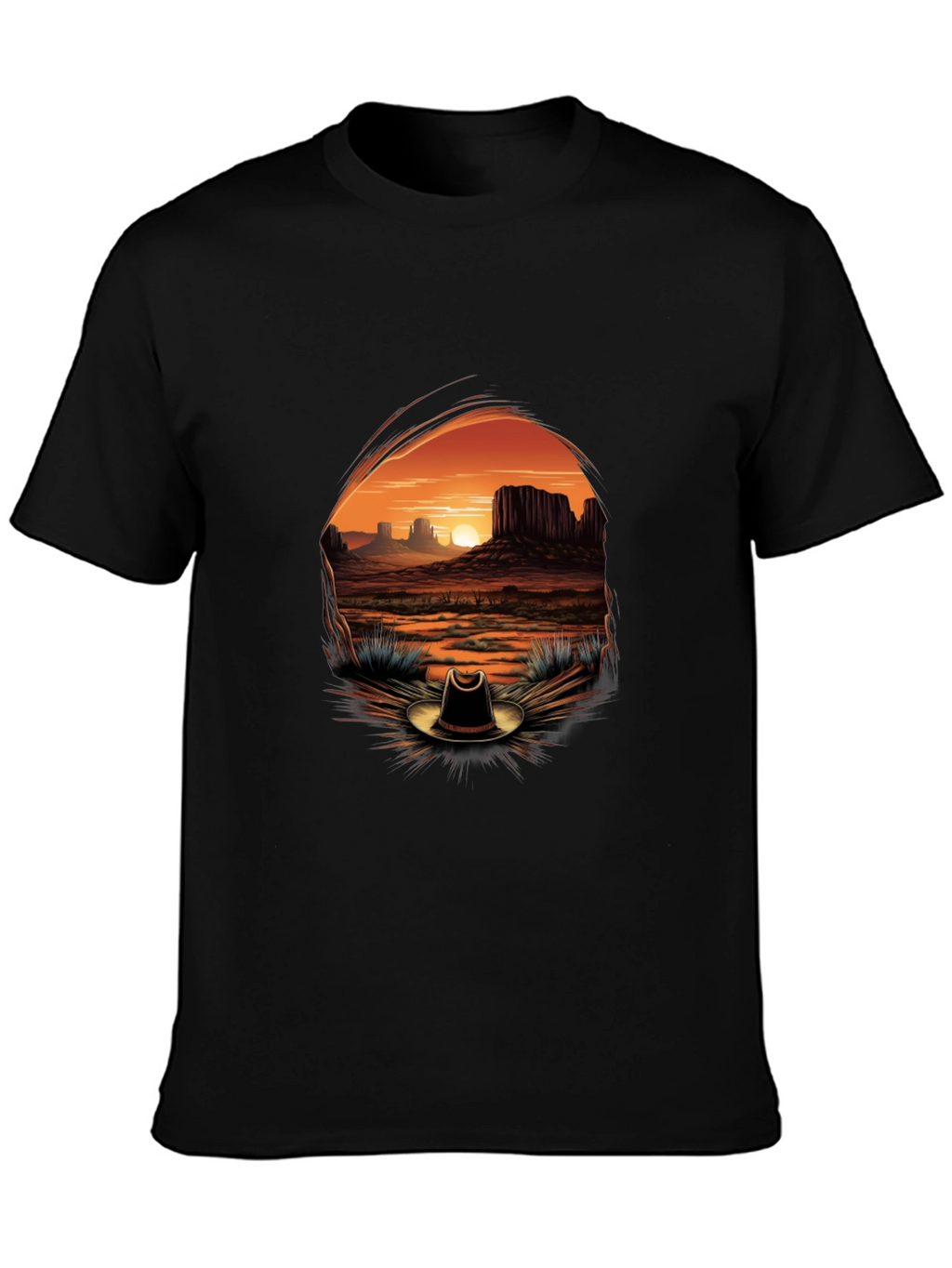 Western Sunset Cowboy Hat Graphic Tee - Black