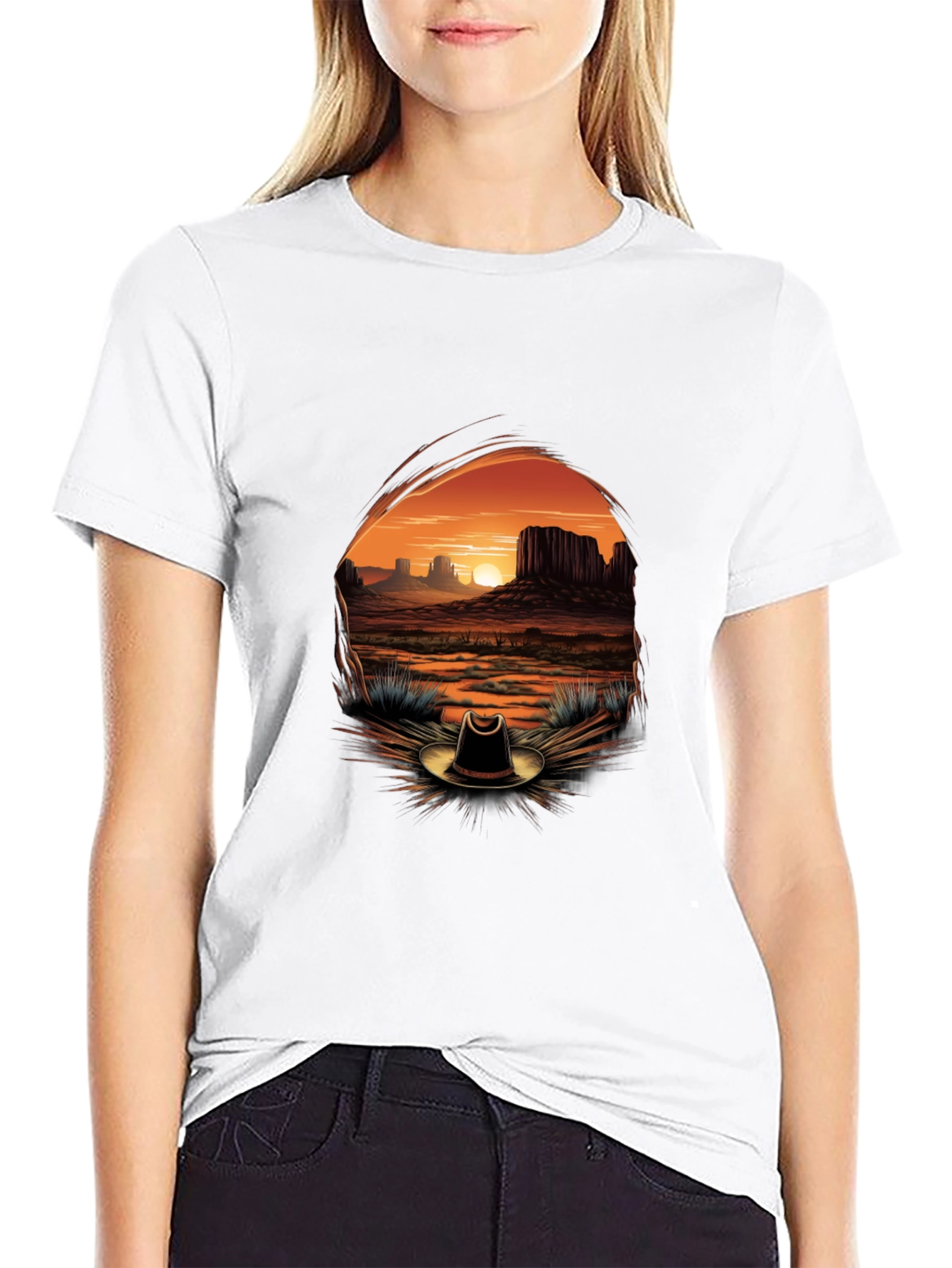 Western Sunset Cowboy Hat Graphic Tee - Black