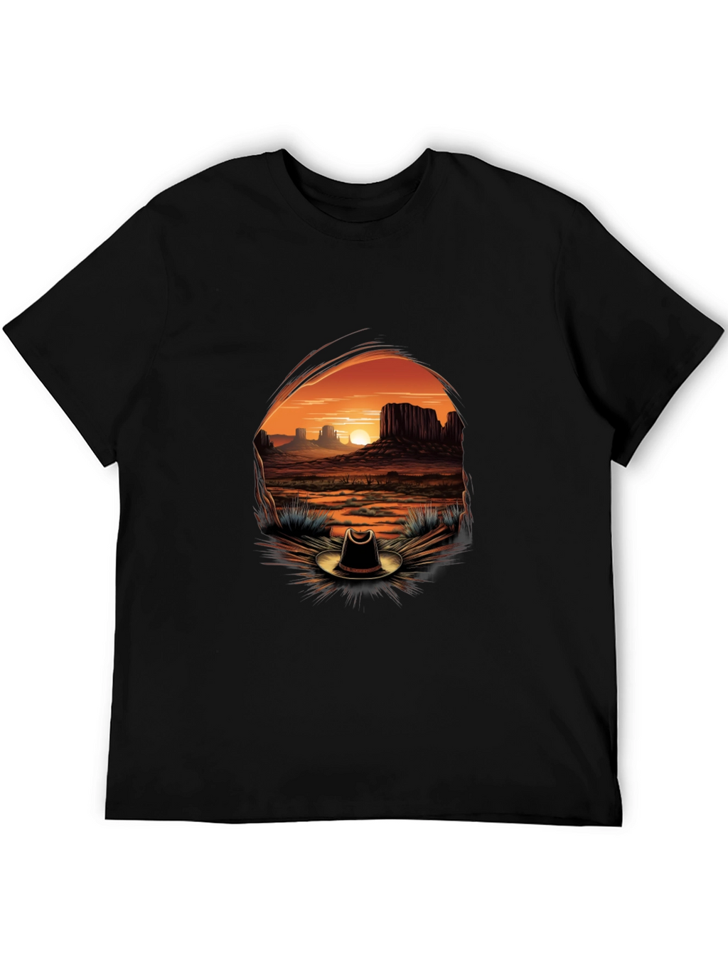 Western Sunset Cowboy Hat Graphic Tee - Black