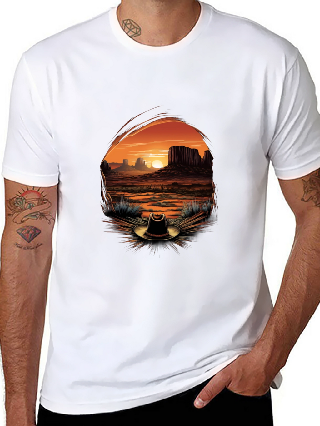 Western Sunset Cowboy Hat Graphic Tee - Black