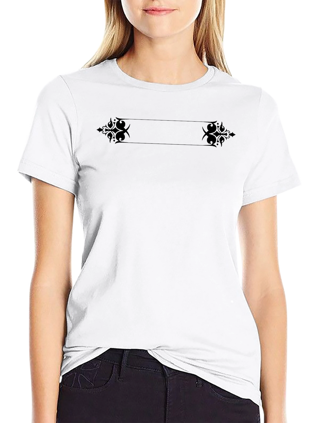 Black Crew Neck T-Shirt with Ornamental Design
