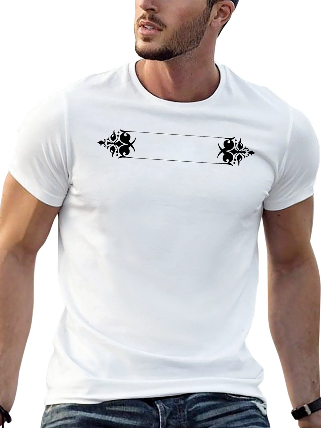 Black Crew Neck T-Shirt with Ornamental Design