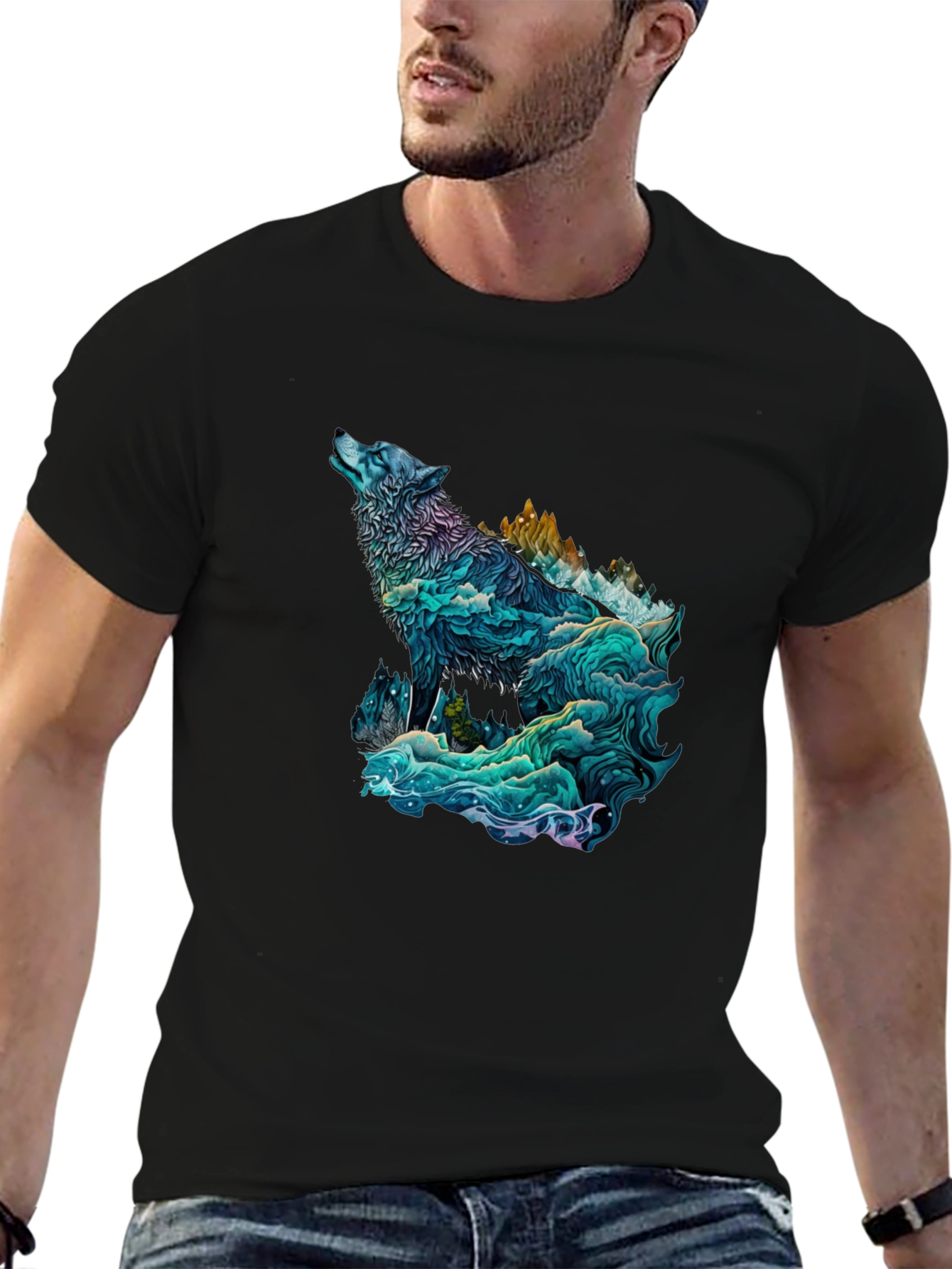 Wolf Mountain Graphic Tee - Nature Inspired Black T-Shirt