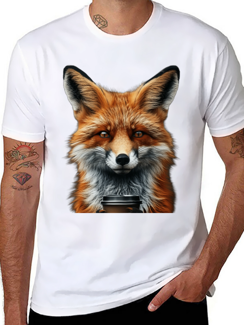Fox with Coffee T-Shirt - Unique Animal Graphic Tee