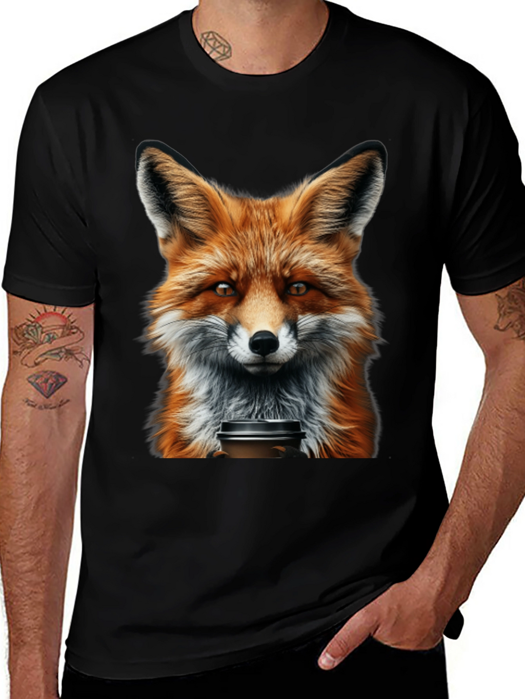 Fox with Coffee T-Shirt - Unique Animal Graphic Tee
