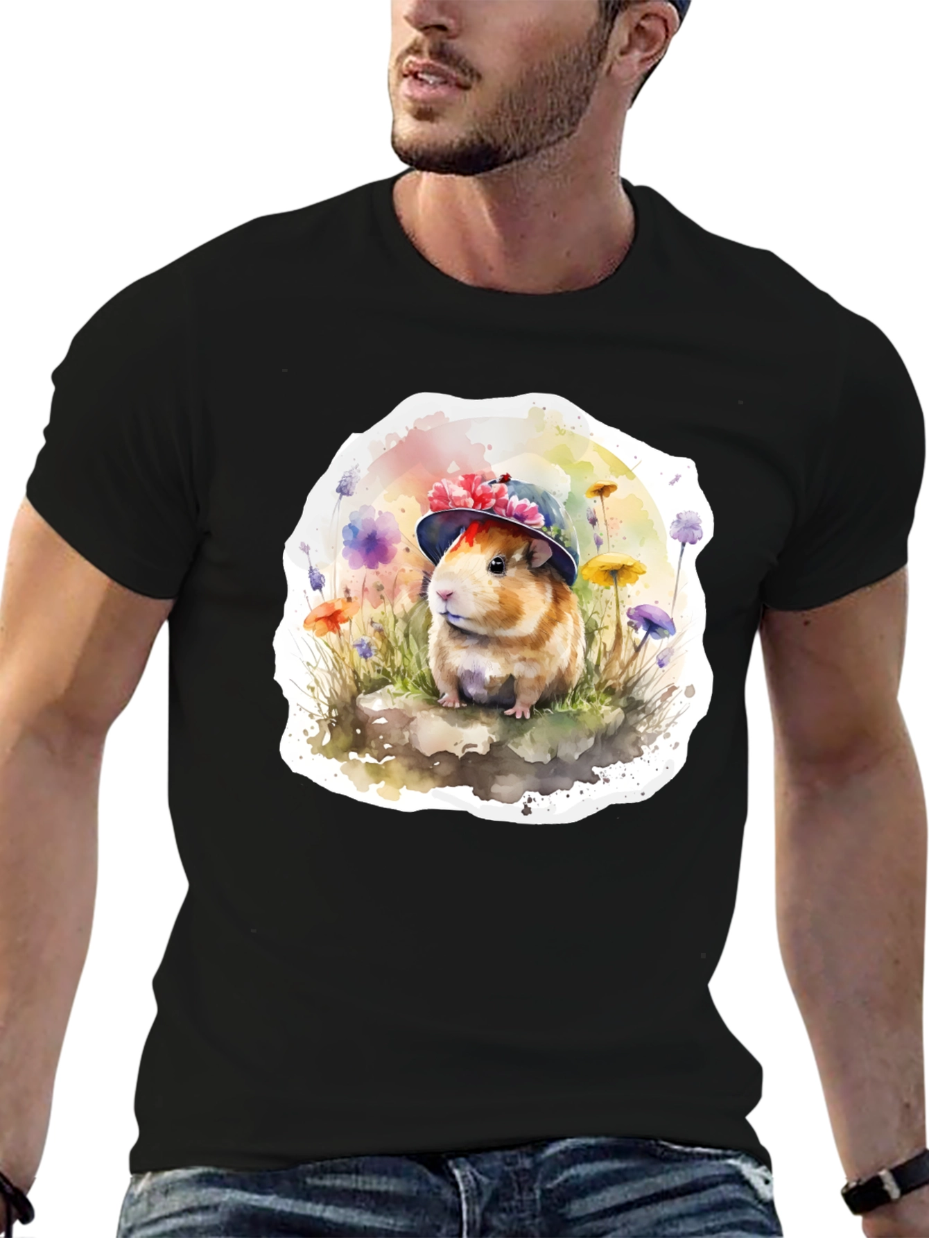 Cute Guinea Pig Hat T-Shirt - Watercolor Design