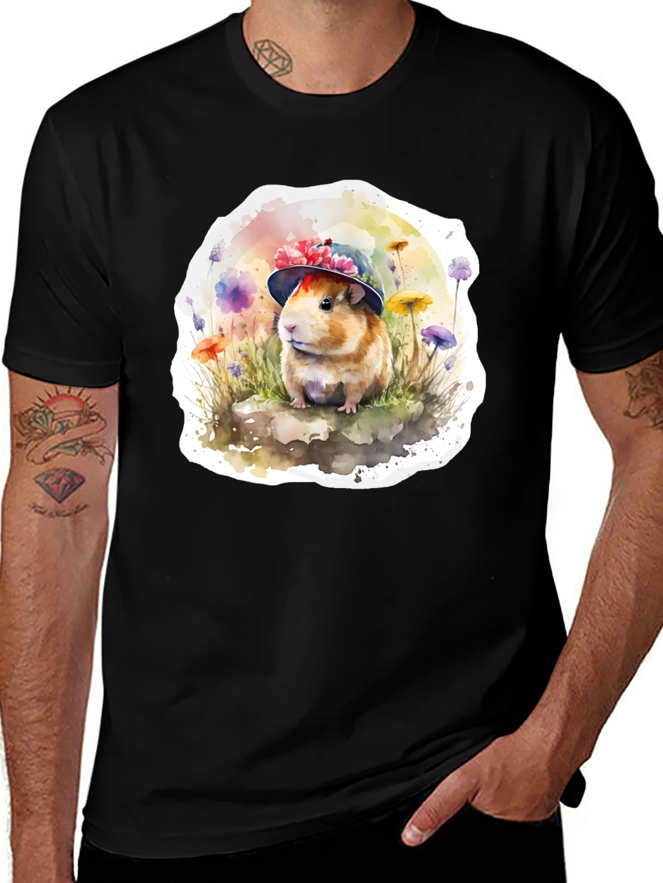 Cute Guinea Pig Hat T-Shirt - Watercolor Design