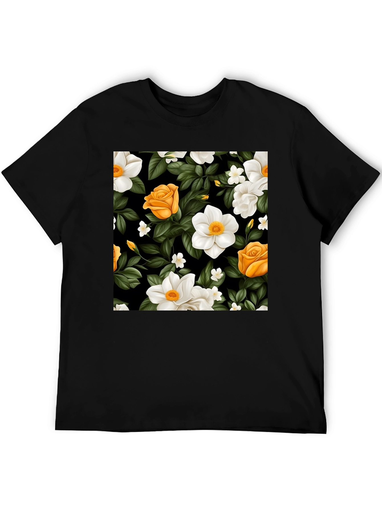 Floral Black T-Shirt - Rose & Jasmine Pattern