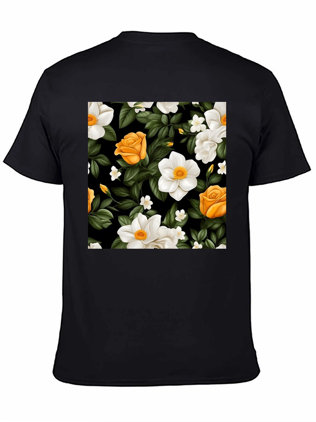 Floral Black T-Shirt - Rose & Jasmine Pattern