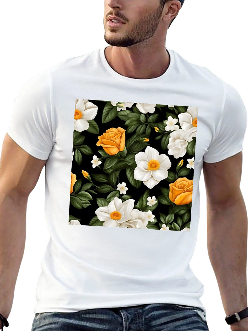 Floral Black T-Shirt - Rose & Jasmine Pattern