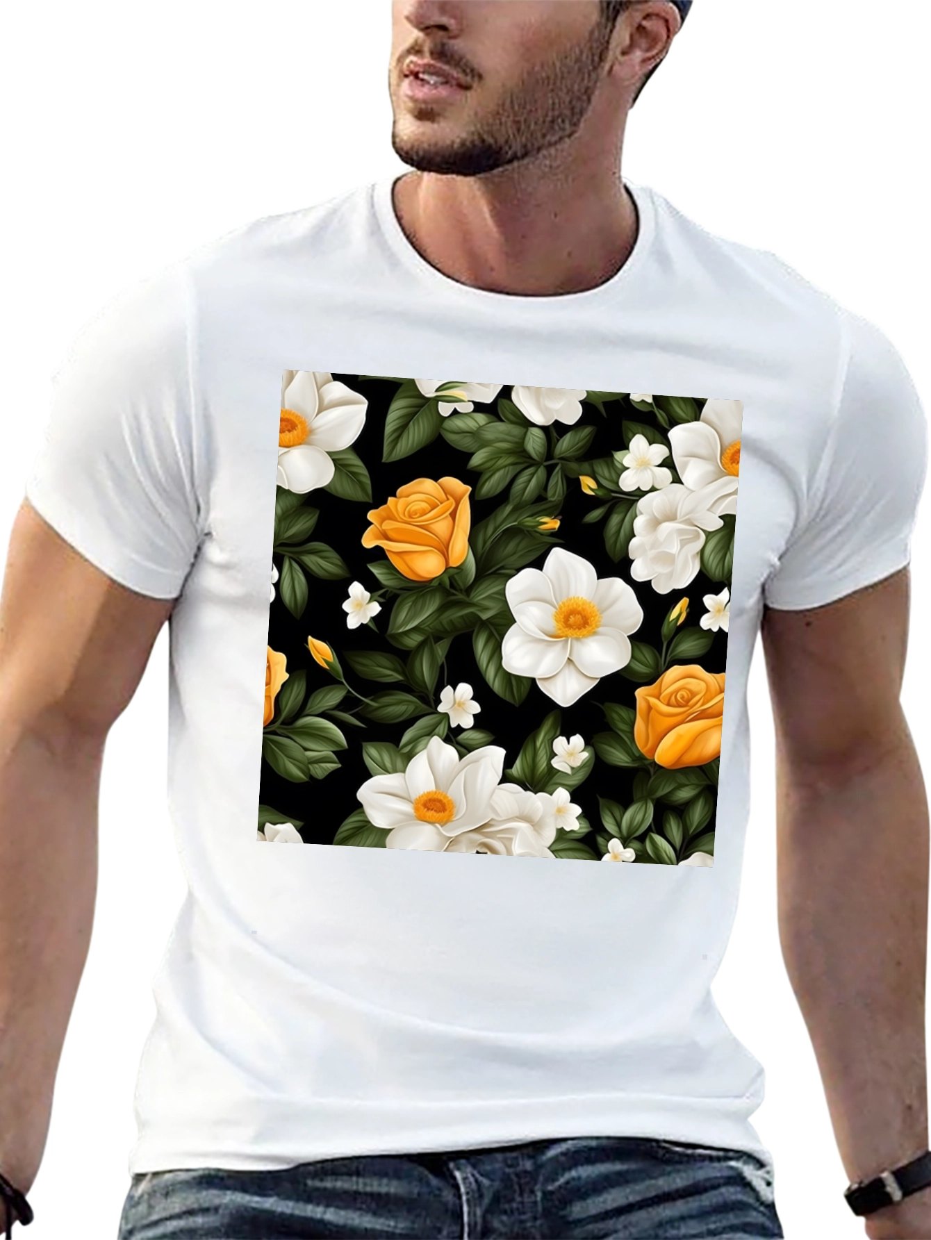 Floral Black T-Shirt - Rose & Jasmine Pattern