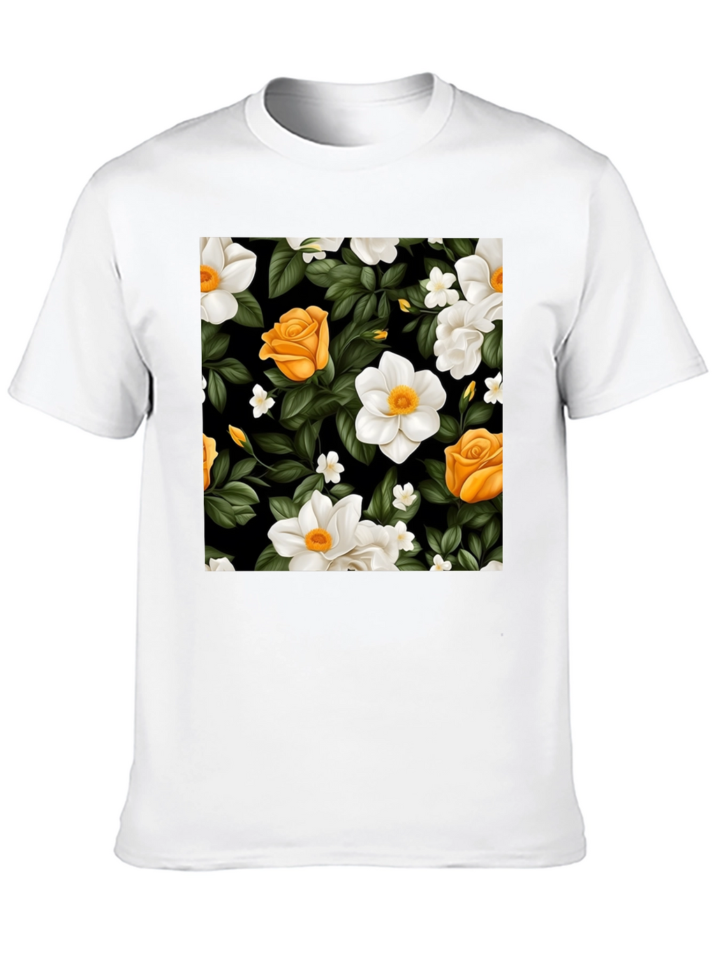Floral Black T-Shirt - Rose & Jasmine Pattern