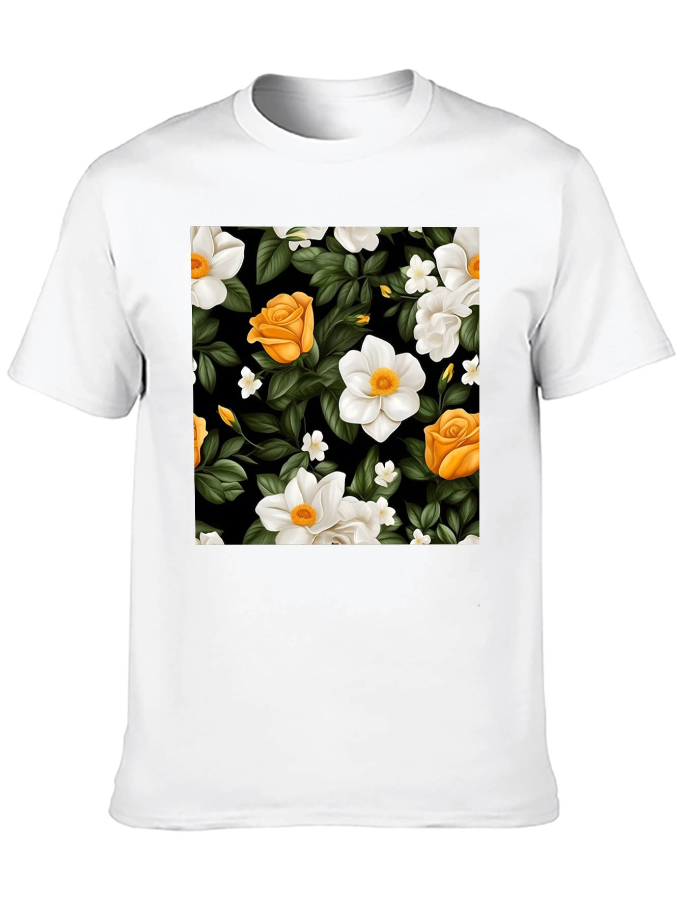 Floral Black T-Shirt - Rose & Jasmine Pattern