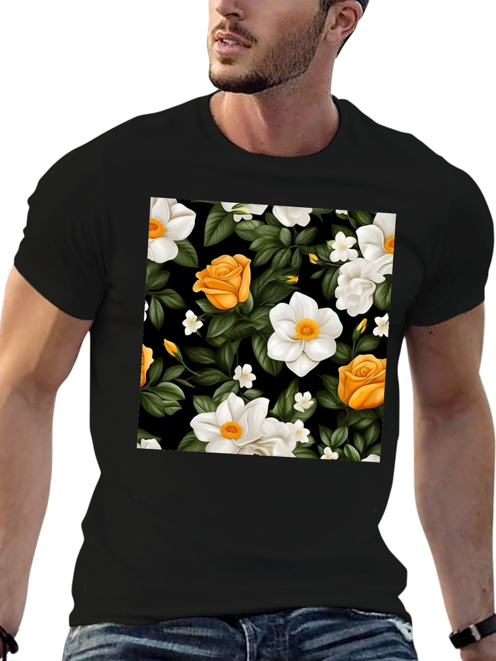 Floral Black T-Shirt - Rose & Jasmine Pattern